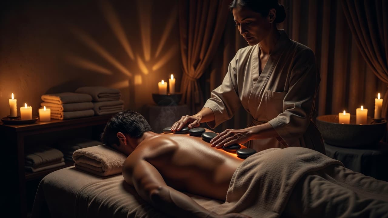 A therapist performs a professional hot stone massage for a client in a dimly lit, serene spa room.