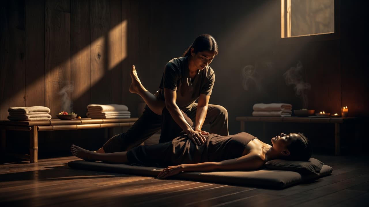 A therapist performs a massage on a client in a dimly lit, peaceful spa environment.