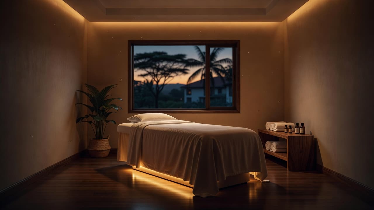 A plush massage table with folded linens sits centered in a dimly lit room. Warm spotlights cast soft shadows against stone walls, highlighting organic wooden decor and gentle ambient indoor greenery.