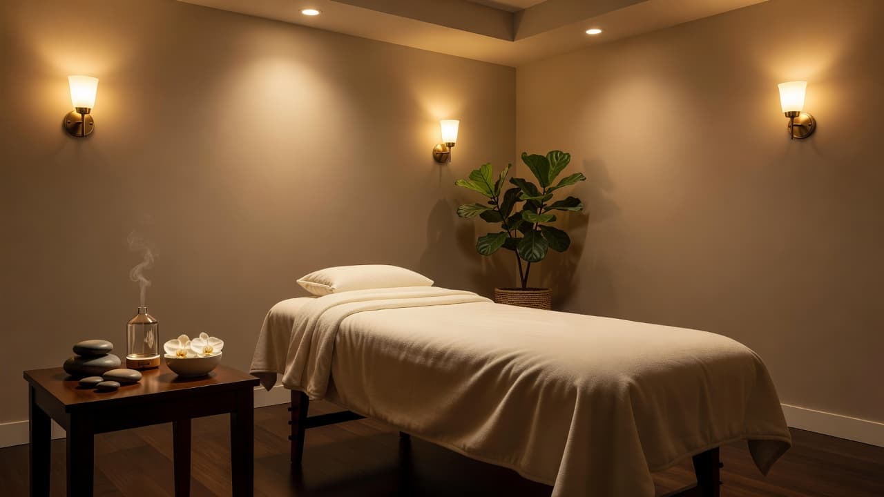 A professional massage table with soft linens inside a dim, peaceful room with warm lighting.
