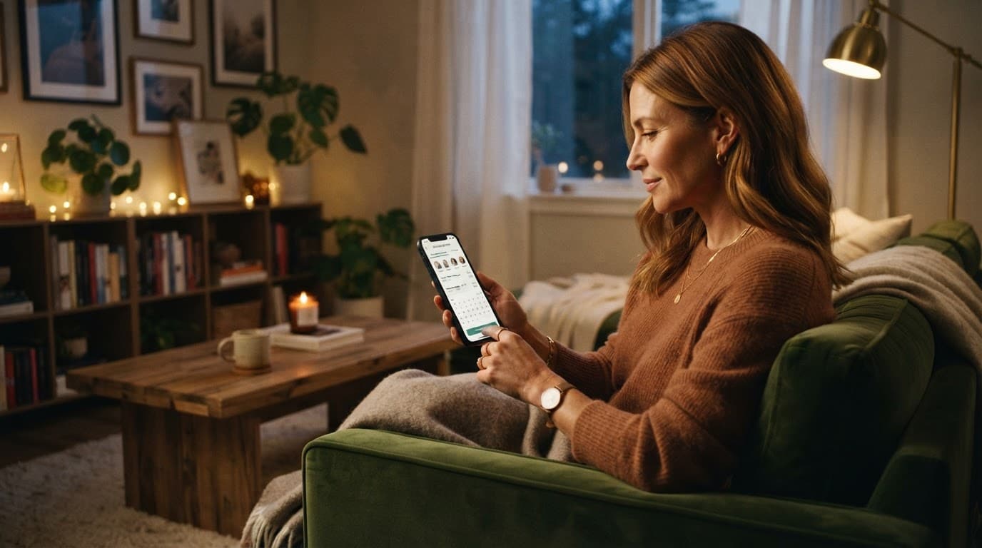 A person holds a phone showing a wellness app while relaxing on a modern sofa.