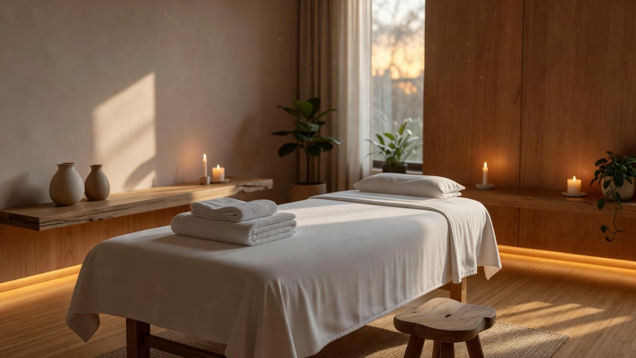 A prepared massage table with folded towels inside a warm, tranquil spa room.