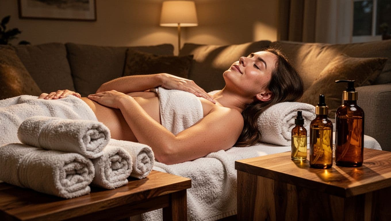 A massage table, rolled towels, and amber oil bottles in a softly lit living room.