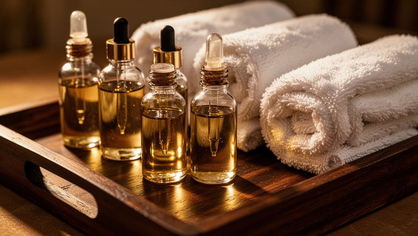 Massage oil bottles and folded white towels on a dark wooden spa tray.