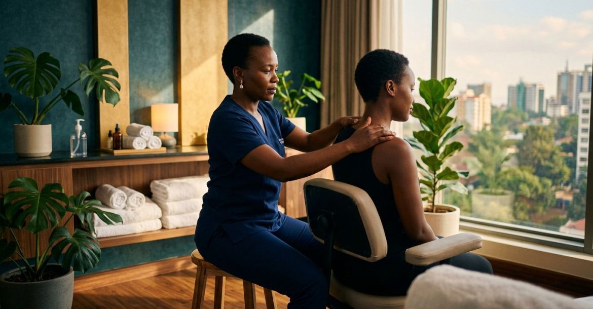 Therapist checks a seated client's shoulder in a tidy studio.
