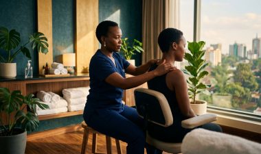Therapist checks a seated client's shoulder in a tidy studio.