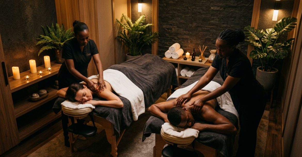 Two partners receive massages on adjacent tables in a warmly lit spa room.