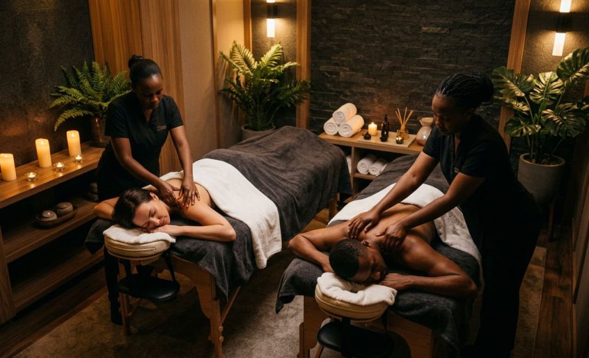 Two partners receive massages on adjacent tables in a warmly lit spa room.