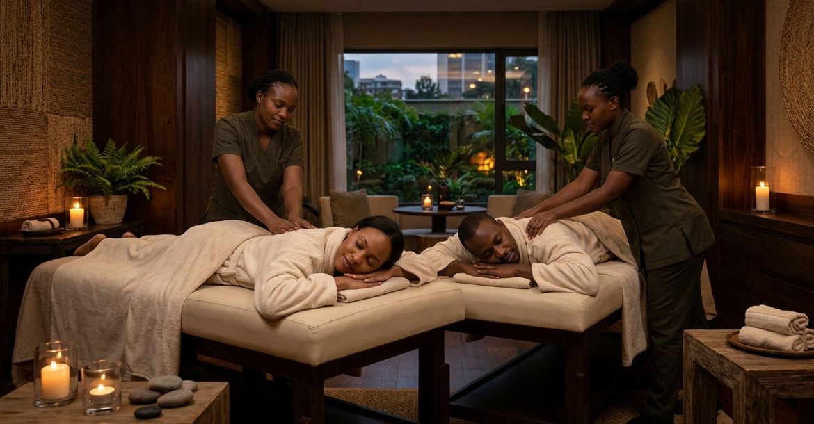 A couple receives side-by-side massages in a warmly lit private spa room.