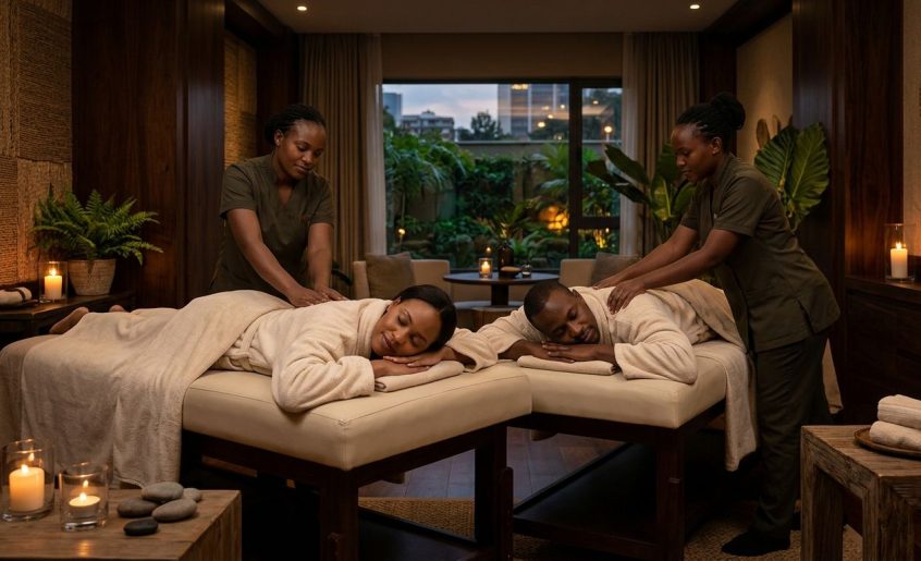 A couple receives side-by-side massages in a warmly lit private spa room.