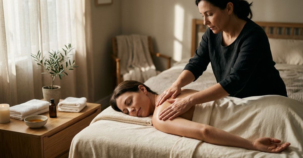 A client receives a gentle shoulder massage in a softly lit bedroom.