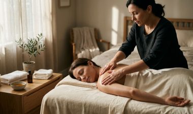 A client receives a gentle shoulder massage in a softly lit bedroom.