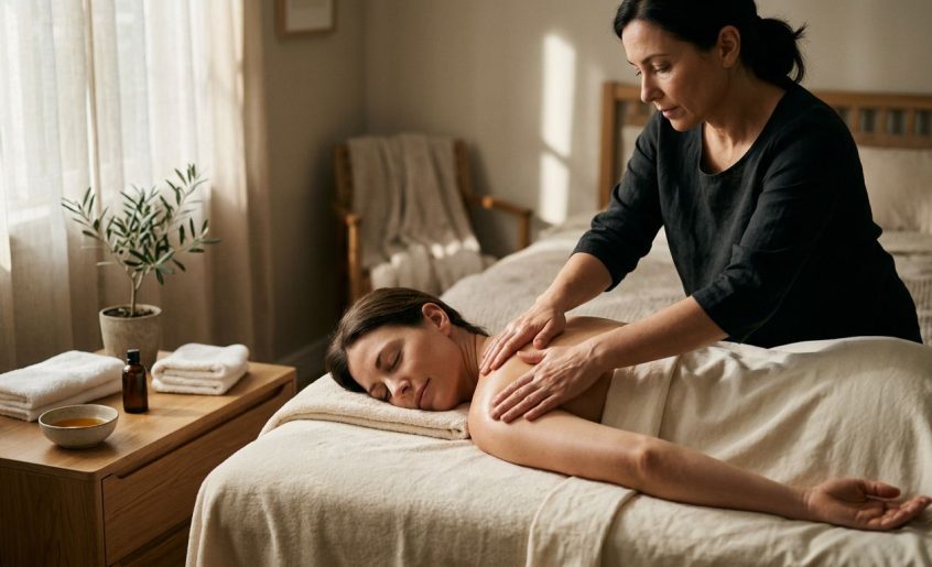 A client receives a gentle shoulder massage in a softly lit bedroom.