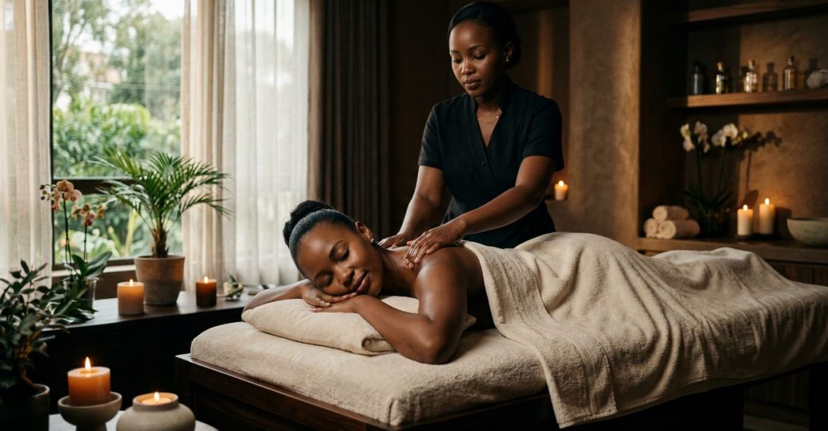 A woman receives a shoulder massage in a warmly lit spa.