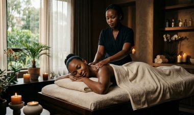 A woman receives a shoulder massage in a warmly lit spa.