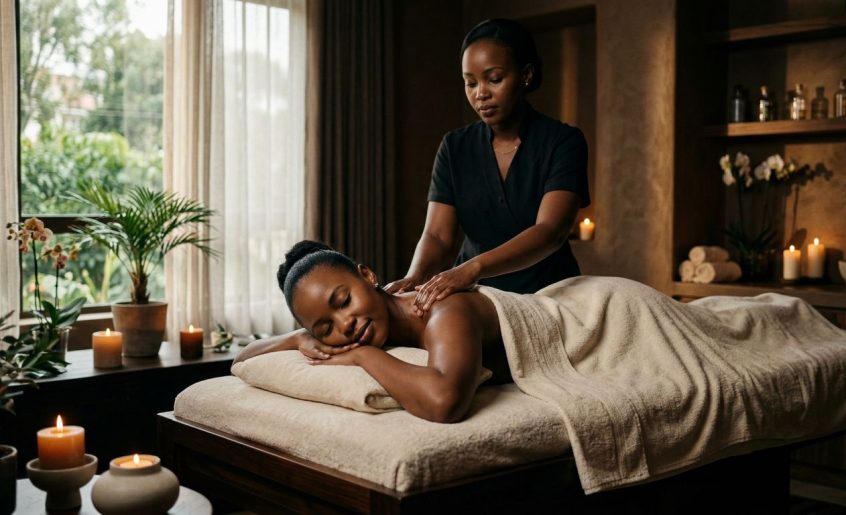 A woman receives a shoulder massage in a warmly lit spa.