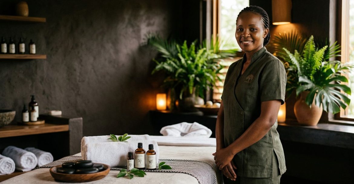 A massage therapist stands beside a towel-covered table with oils and stones in a Nairobi spa.