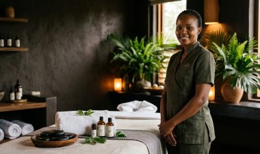 A massage therapist stands beside a towel-covered table with oils and stones in a Nairobi spa.