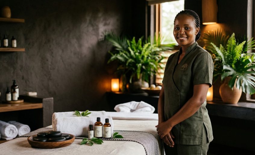 A massage therapist stands beside a towel-covered table with oils and stones in a Nairobi spa.