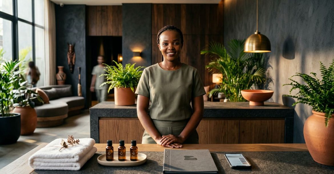 A smiling spa professional stands behind a desk with towels and oils.