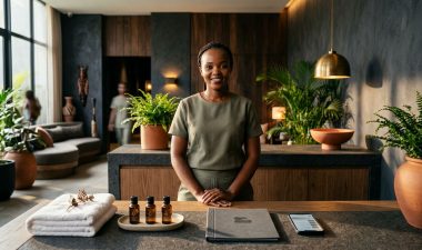A smiling spa professional stands behind a desk with towels and oils.
