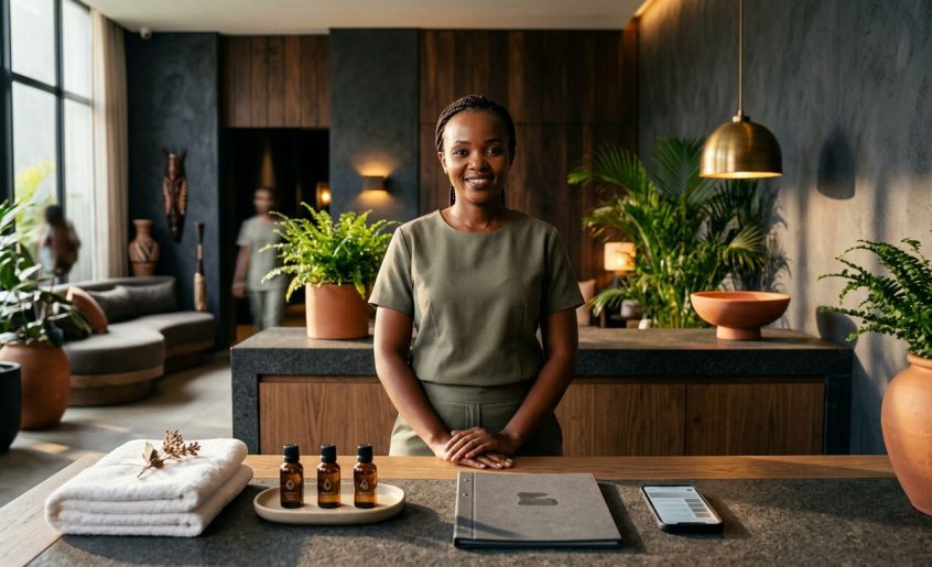 A smiling spa professional stands behind a desk with towels and oils.