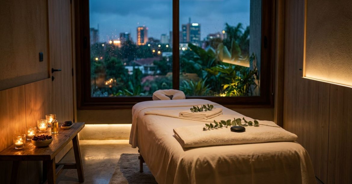 A massage table with white towels, eucalyptus, candles, and a dusk Nairobi view.