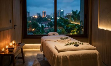 A massage table with white towels, eucalyptus, candles, and a dusk Nairobi view.