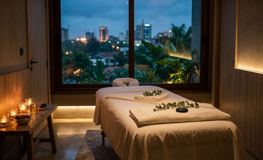 A massage table with white towels, eucalyptus, candles, and a dusk Nairobi view.