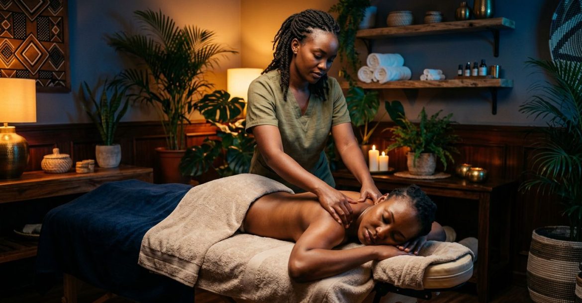Therapist massaging a client in a warmly lit Nairobi spa room.