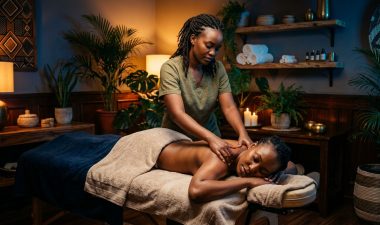 Therapist massaging a client in a warmly lit Nairobi spa room.
