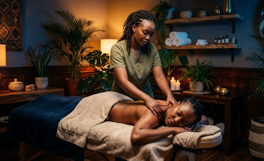 Therapist massaging a client in a warmly lit Nairobi spa room.