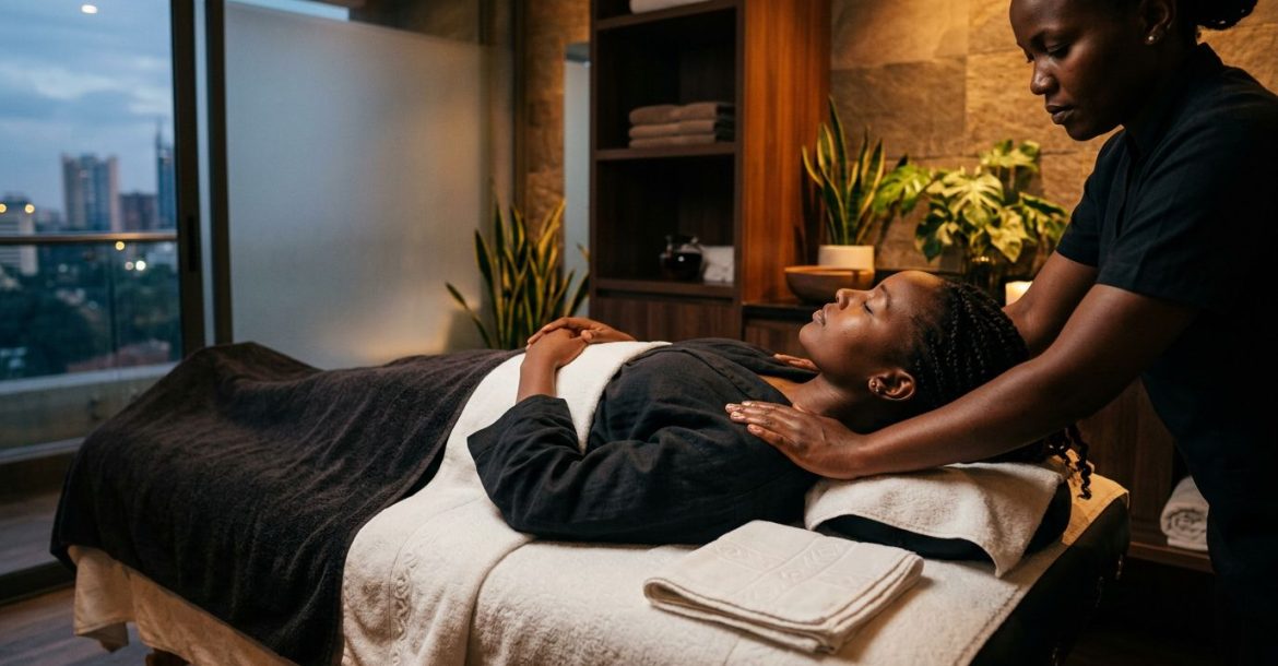 Woman receiving a shoulder massage on a table in a softly lit spa.