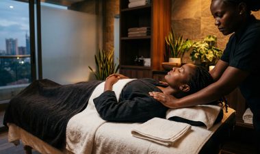 Woman receiving a shoulder massage on a table in a softly lit spa.