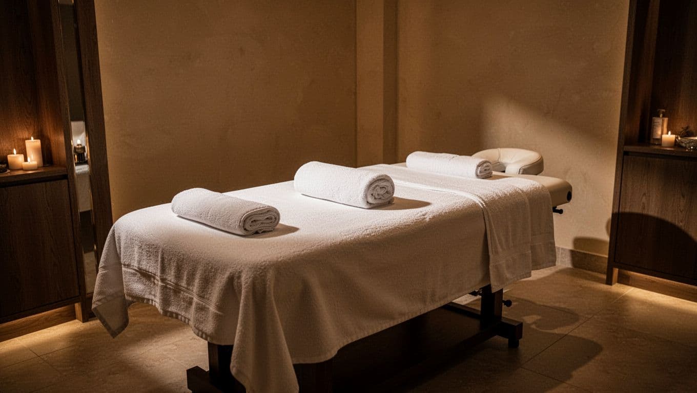 A quiet spa room with a massage table, white towels, and warm lighting.