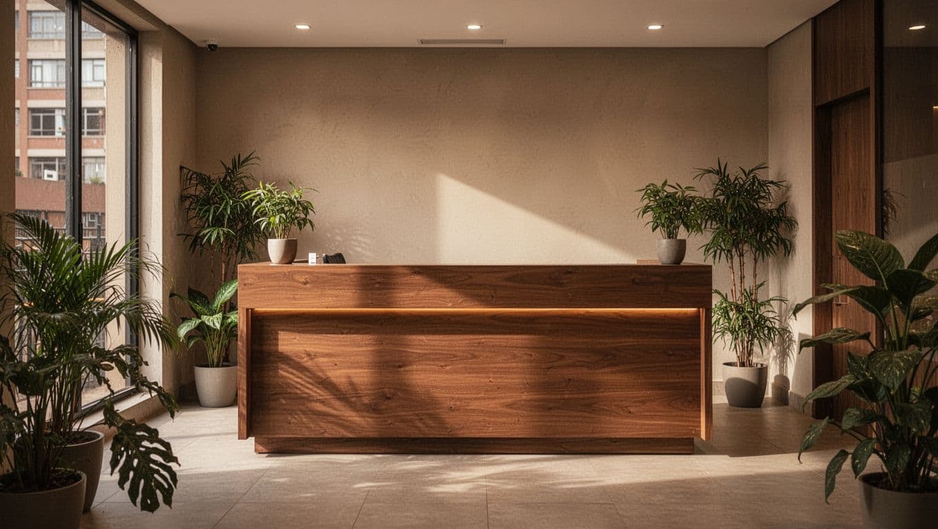 A calm spa reception desk with wooden decor, soft light, and indoor plants.