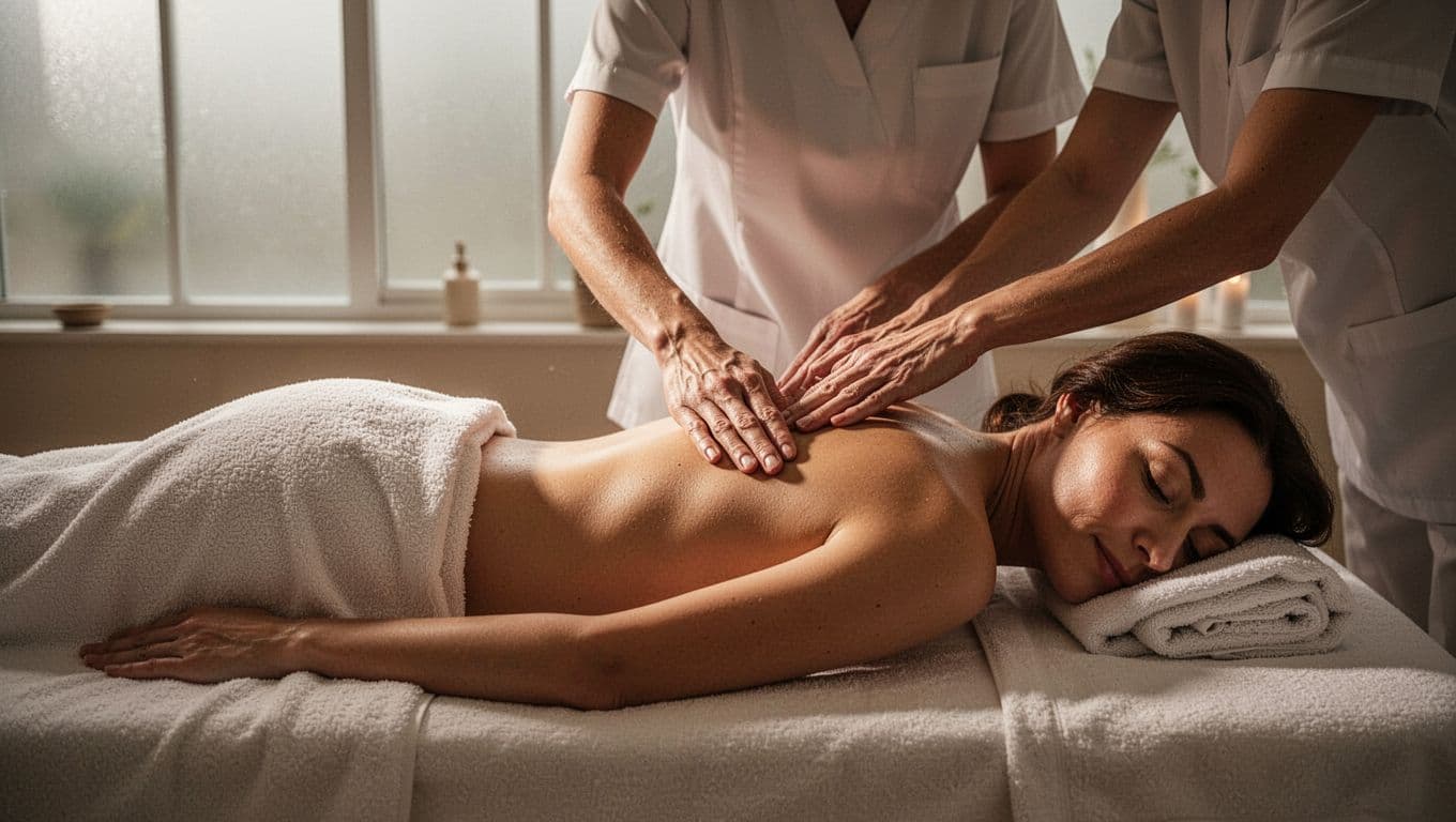 A draped woman receives a massage in a softly lit spa.