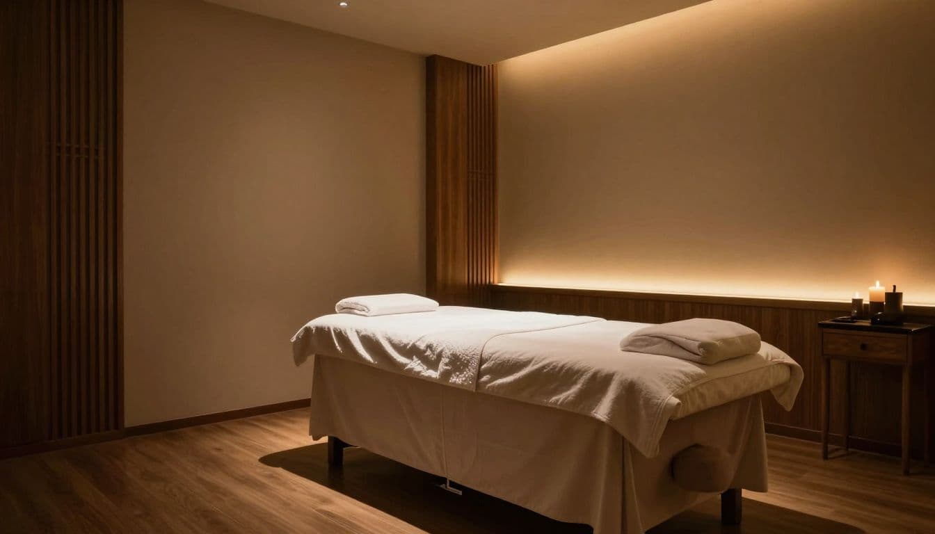 A clean massage room with warm wood accents and soft lighting.