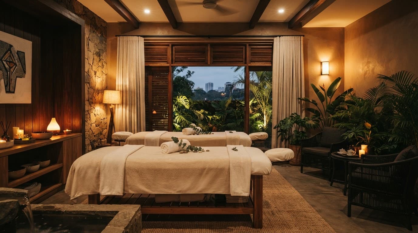 Two massage tables with rolled towels in a warmly lit spa room with tropical plants.