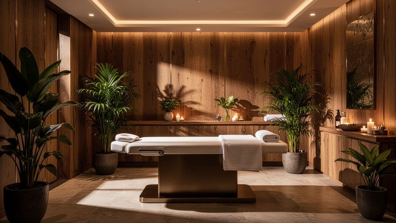 A luxurious spa room with a massage table, plants, and warm wooden decor.