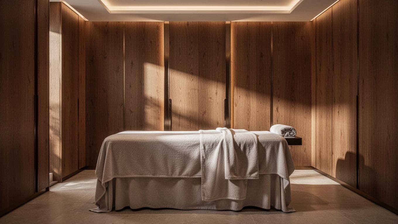 A warmly lit spa room with a massage table and elegant wood furnishings.
