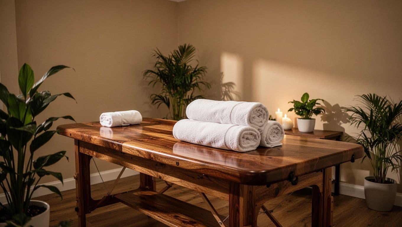 A warmly lit massage room with a wooden table, rolled towels, and green plants.