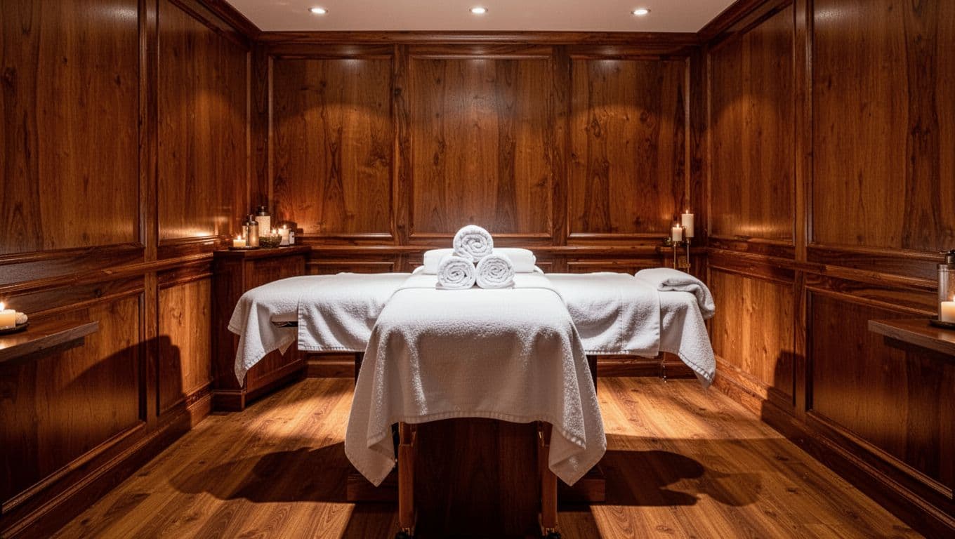 A softly lit spa room with a massage table, white towels, and warm wooden decor.