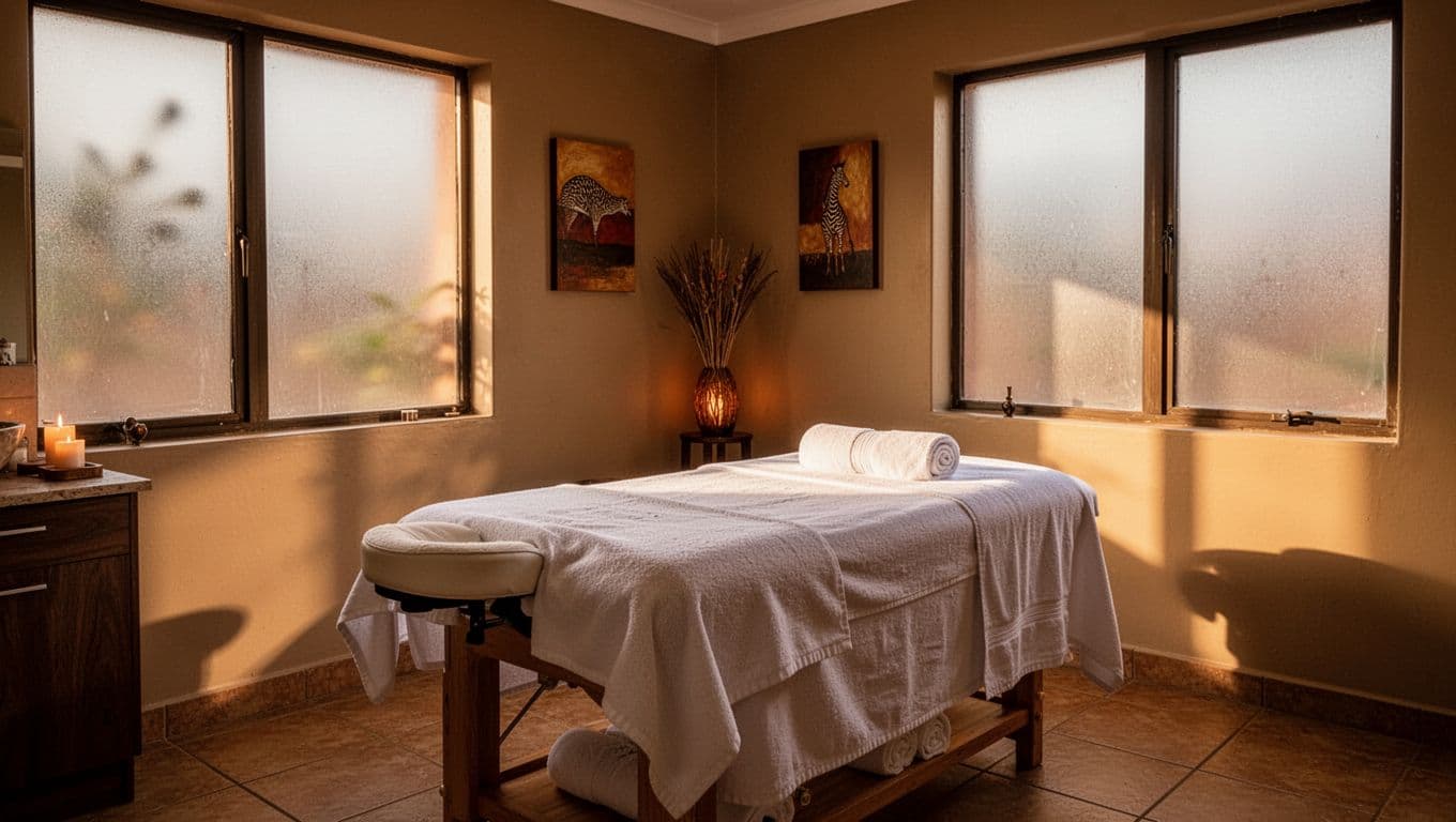 A warmly lit Nairobi spa room with a massage table and white towels.