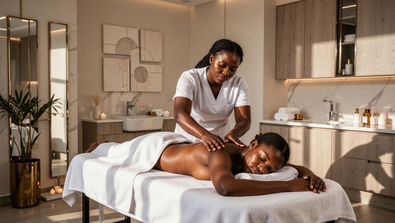 Therapist giving a relaxing massage to a client in a bright modern spa room.