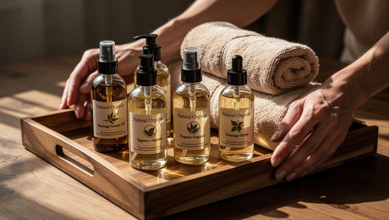 Hands arrange massage oil bottles and warm rolled towels on a wooden tray.