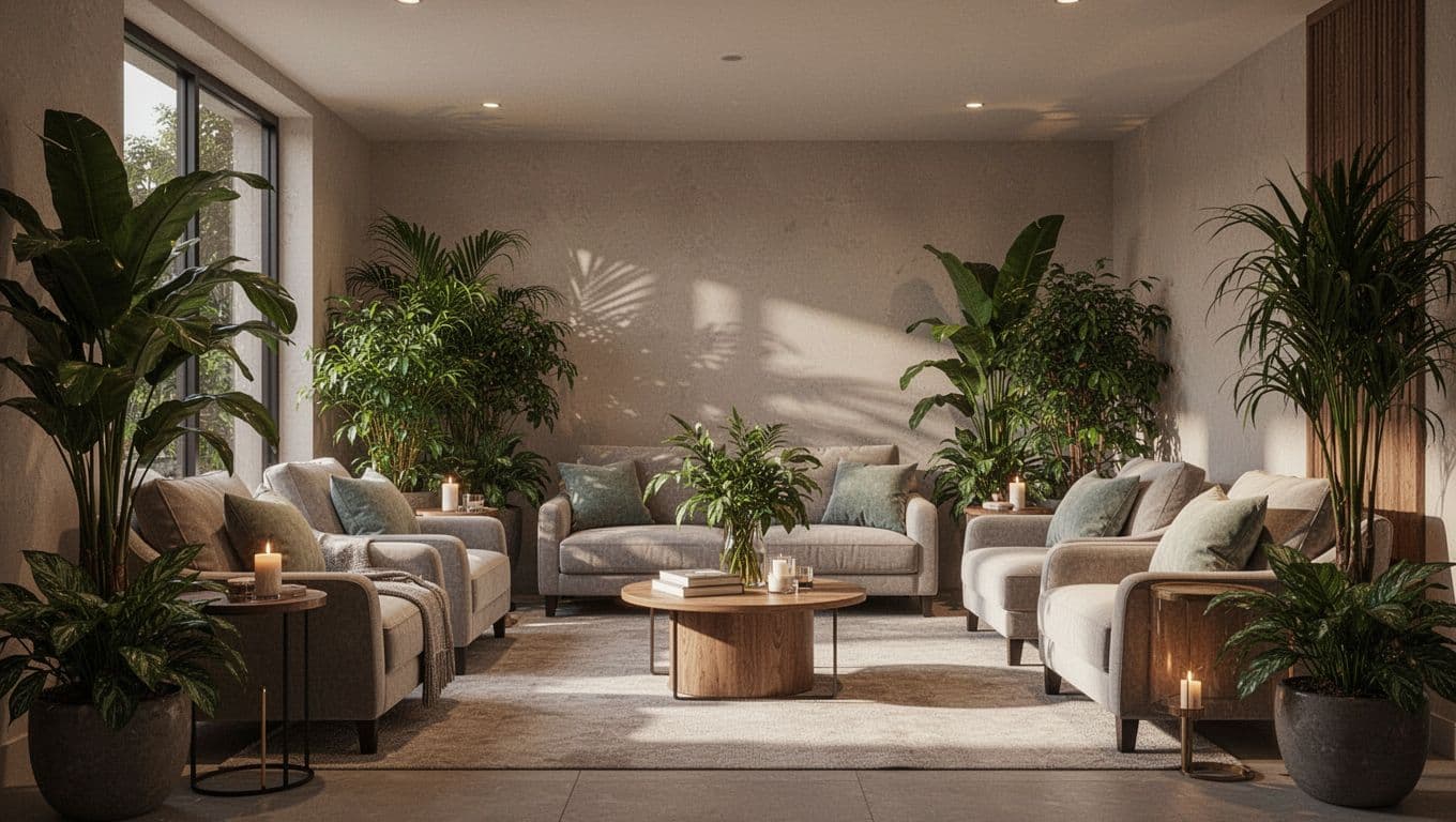 A quiet spa room with cushioned chairs, plants, and warm lighting.