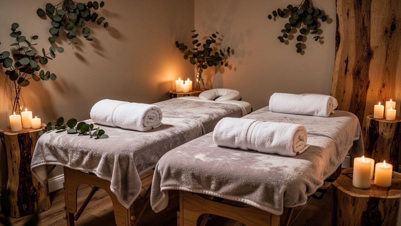 Two massage tables with towels and candles in a softly lit wooden spa room.