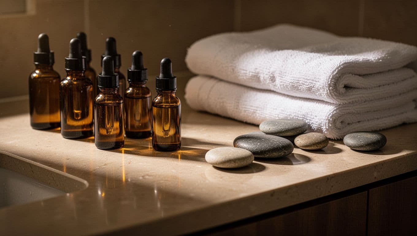 Amber oils, folded towels, and smooth stones arranged on a spa counter.
