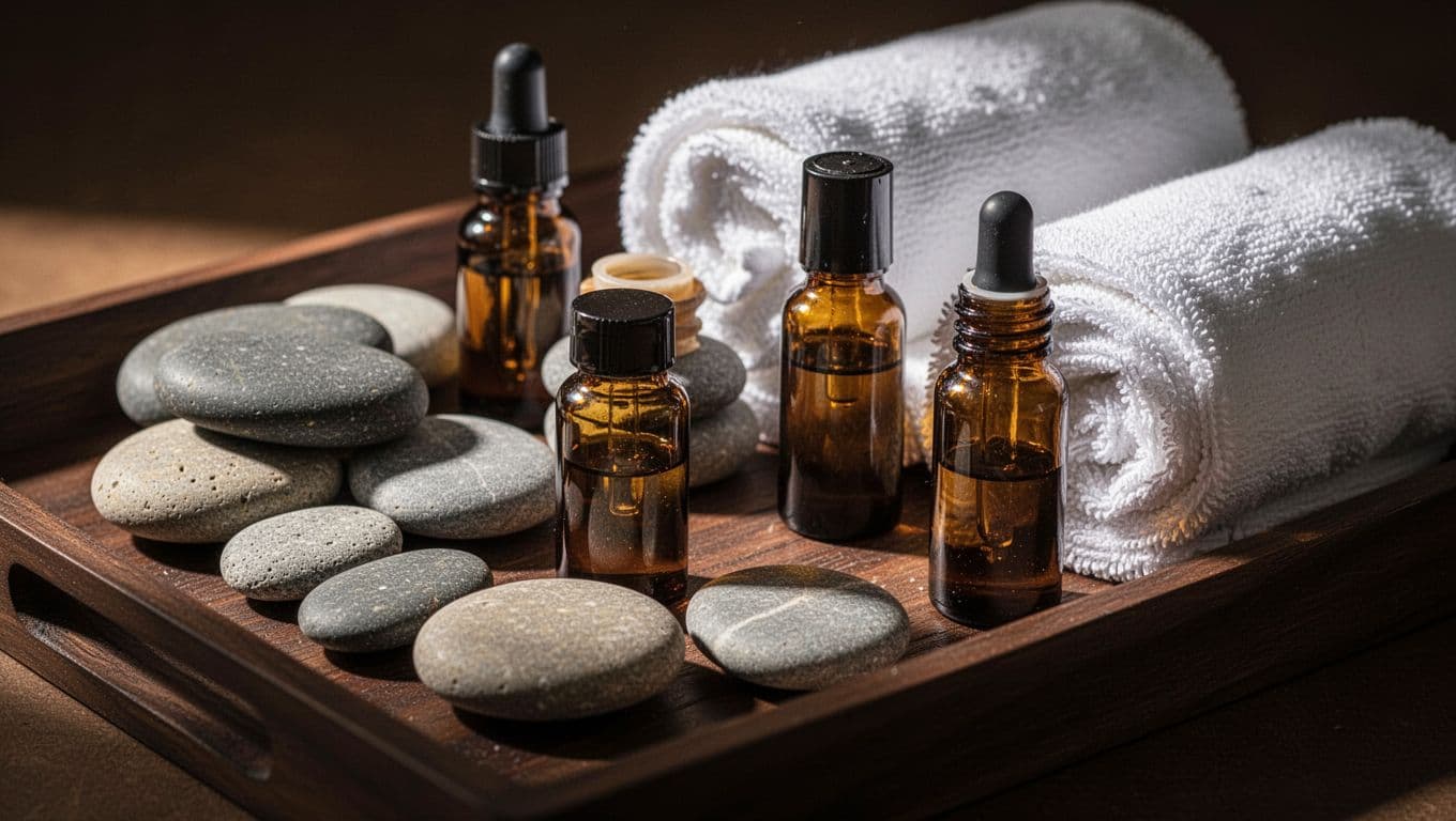 Spa stones, rolled towels, and amber oil bottles on a dark wooden tray.
